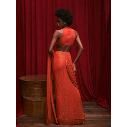 ITRH Orange Draped Skirt with Detachable Drape with High Neck Crop Top (Set of 3)