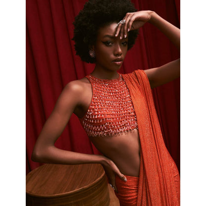 ITRH Orange Draped Skirt with Detachable Drape with High Neck Crop Top (Set of 3)