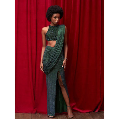 ITRH Emerald Green Crystal Embellished Slit Skirt with Detachable Drape and Top (Set of 3)