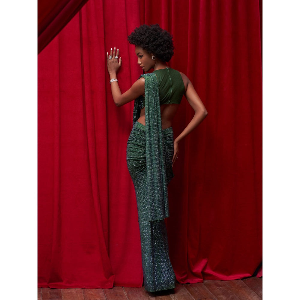 ITRH Emerald Green Crystal Embellished Slit Skirt with Detachable Drape and Top (Set of 3)