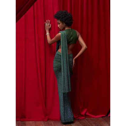 ITRH Emerald Green Crystal Embellished Slit Skirt with Detachable Drape and Top (Set of 3)