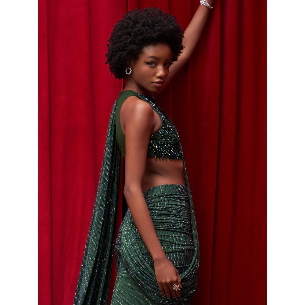 ITRH Emerald Green Crystal Embellished Slit Skirt with Detachable Drape and Top (Set of 3)