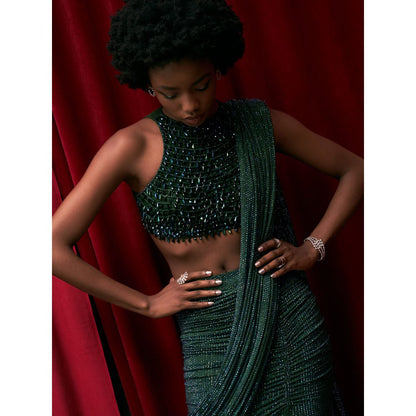 ITRH Emerald Green Crystal Embellished Slit Skirt with Detachable Drape and Top (Set of 3)