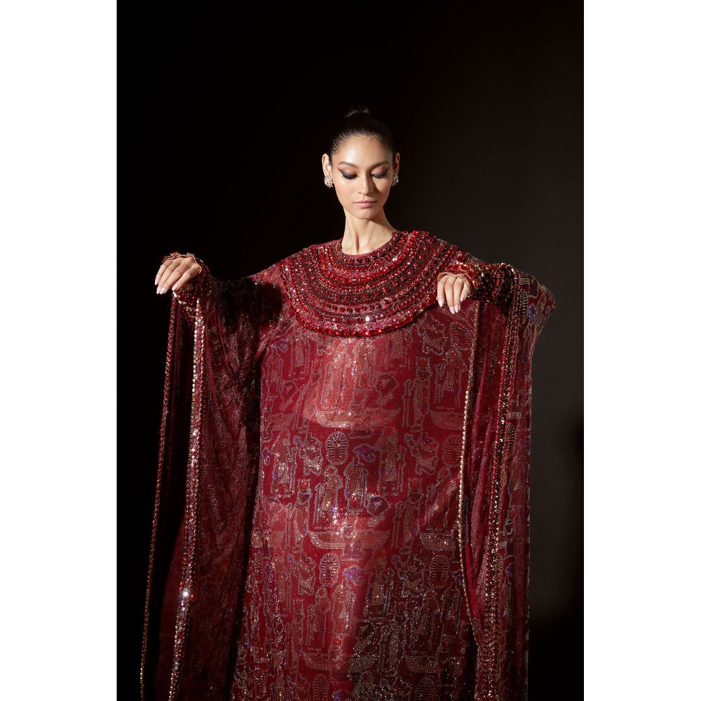 ITRH Kemet Maroon Kaftans Dress with Gloves (Set of 2)
