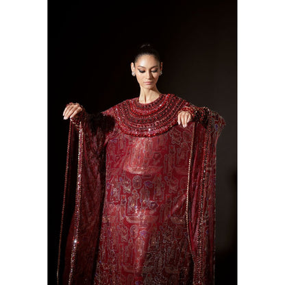 ITRH Kemet Maroon Kaftans Dress with Gloves (Set of 2)