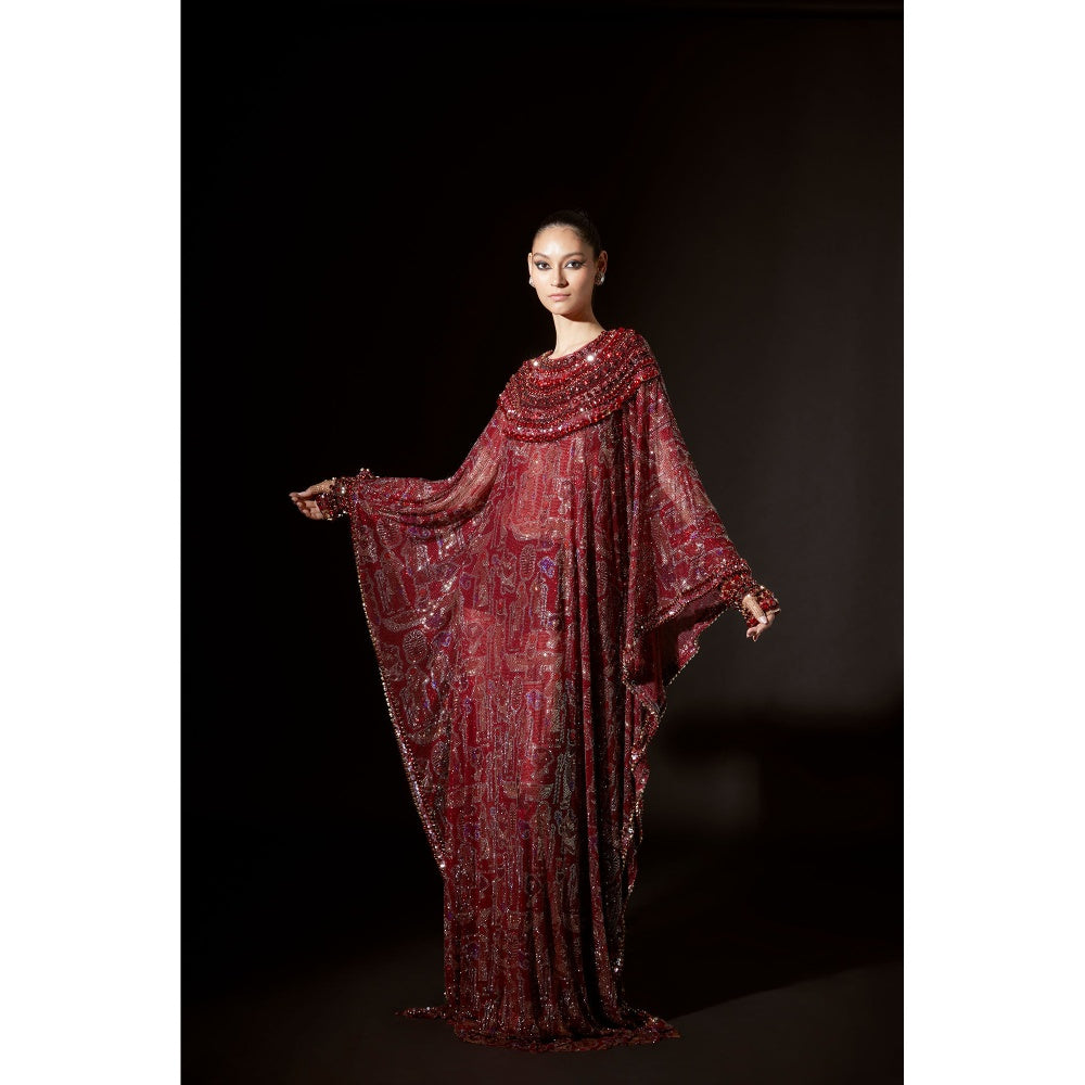 ITRH Kemet Maroon Kaftans Dress with Gloves (Set of 2)