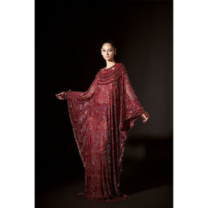 ITRH Kemet Maroon Kaftans Dress with Gloves (Set of 2)
