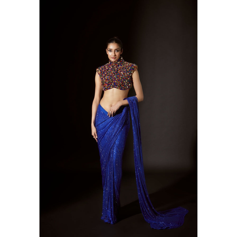 ITRH Osiris Blue Pre Stitched Saree with Stitched Blouse