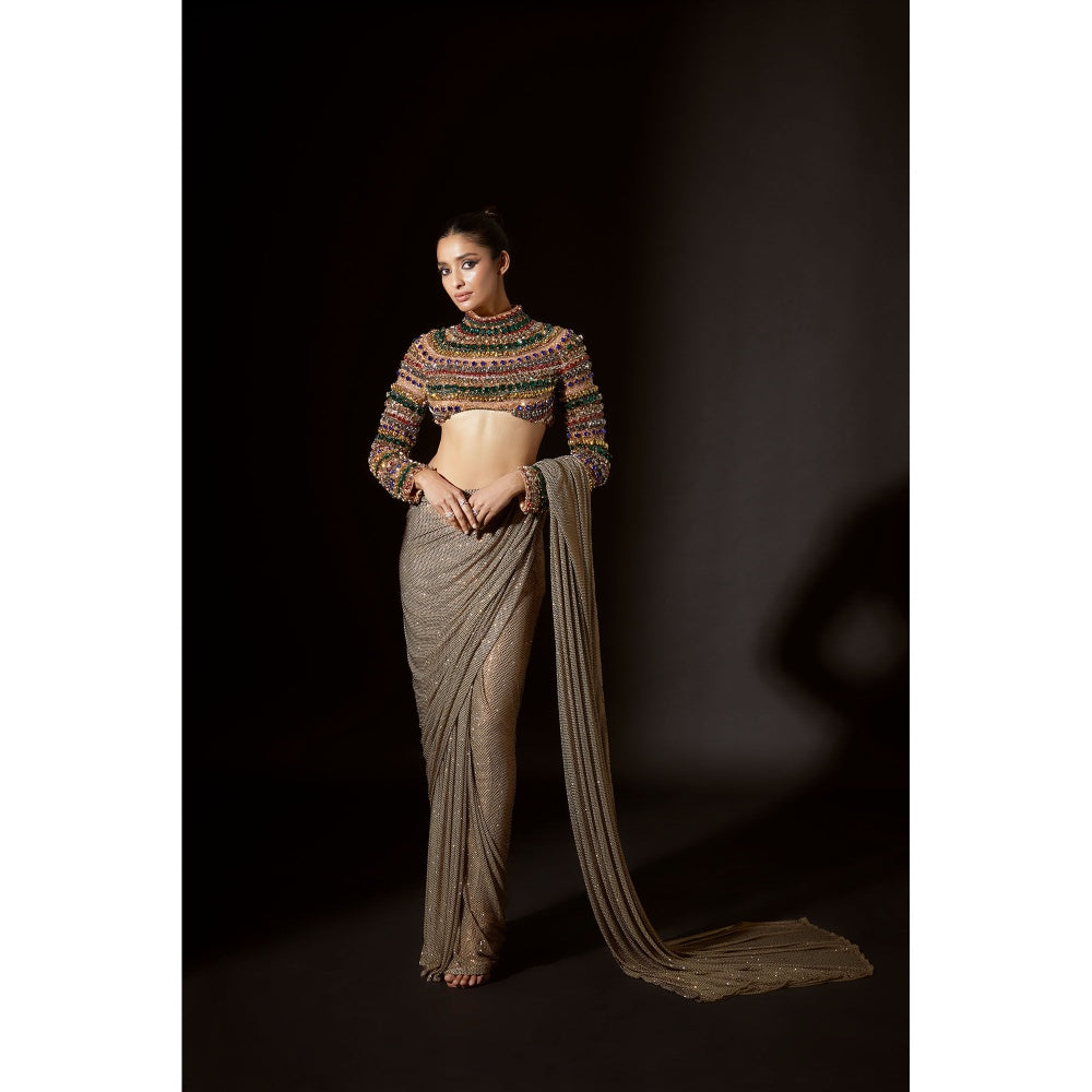 ITRH Amun-Ra Dusky Gold Pre Stitched Saree with Stitched Blouse