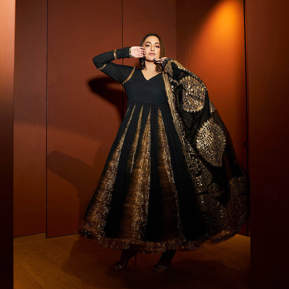 ITRH Black Faani Angrakha with Churidar and Dupatta (Set of 3)