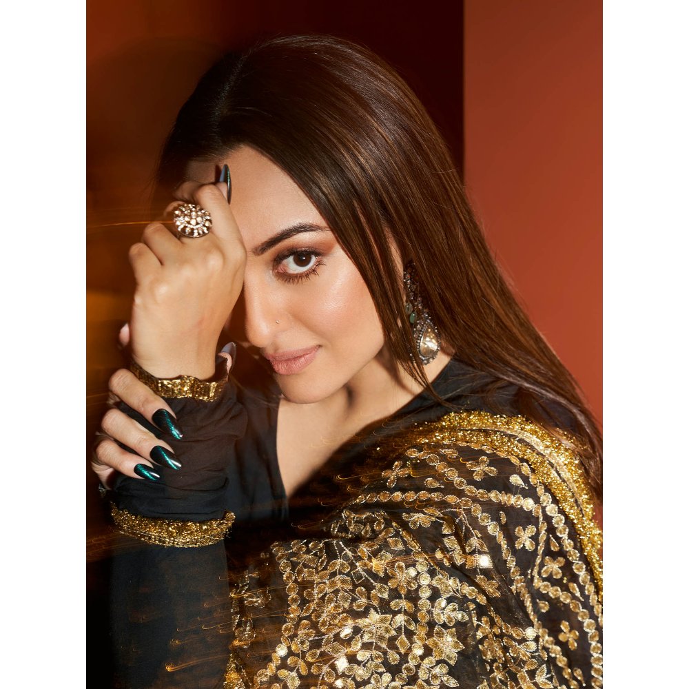 ITRH Black Faani Angrakha with Churidar and Dupatta (Set of 3)