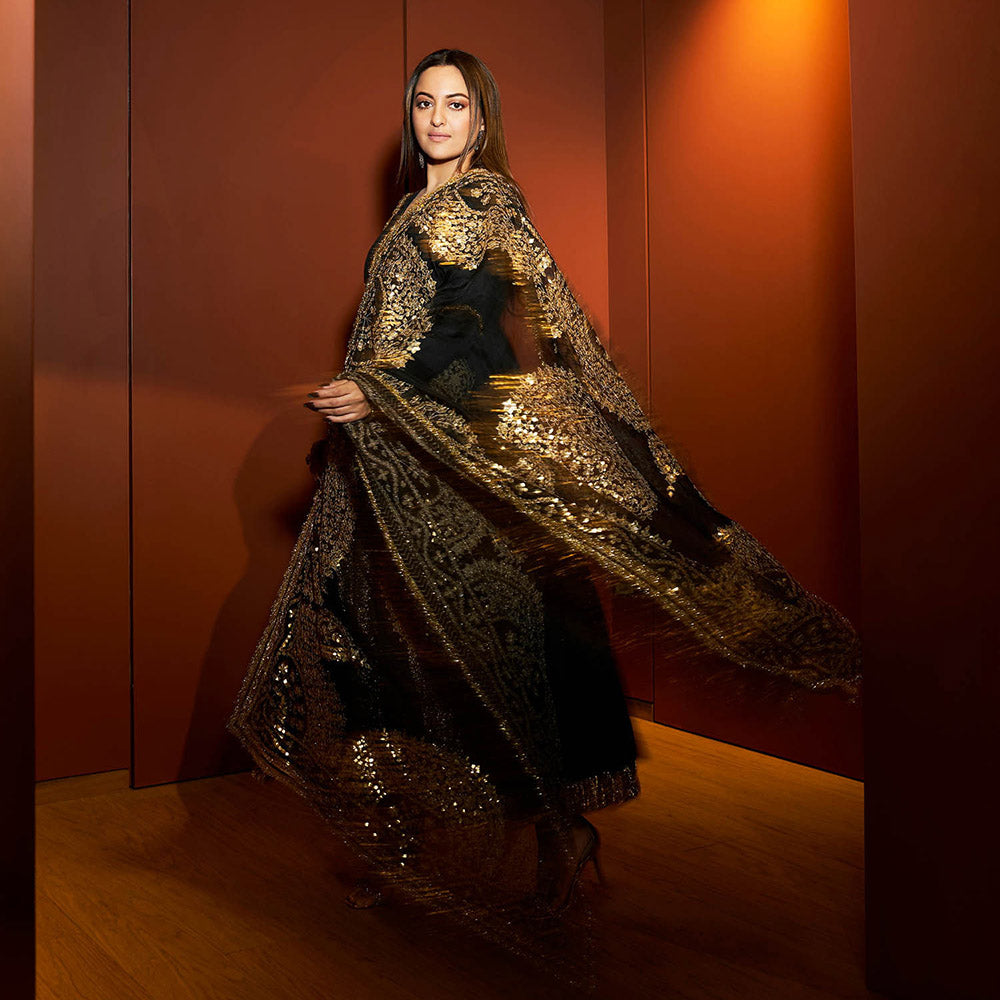 ITRH Black Faani Angrakha with Churidar and Dupatta (Set of 3)