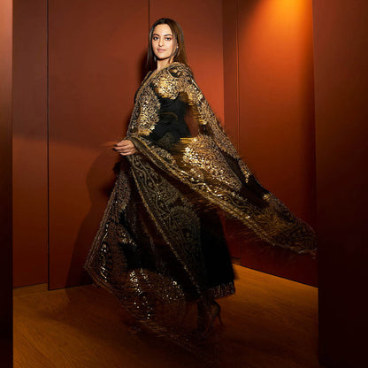 ITRH Black Faani Angrakha with Churidar and Dupatta (Set of 3)