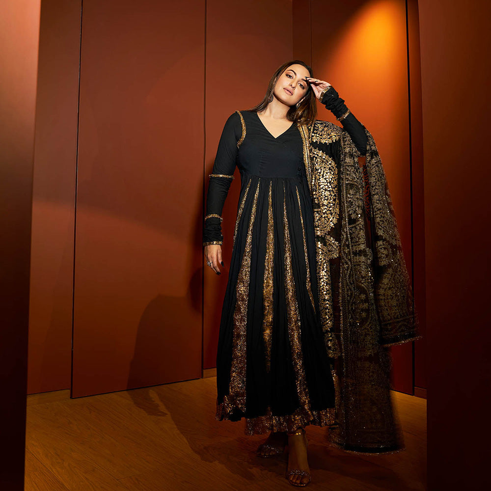 ITRH Black Faani Angrakha with Churidar and Dupatta (Set of 3)