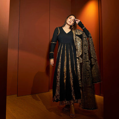 ITRH Black Faani Angrakha with Churidar and Dupatta (Set of 3)