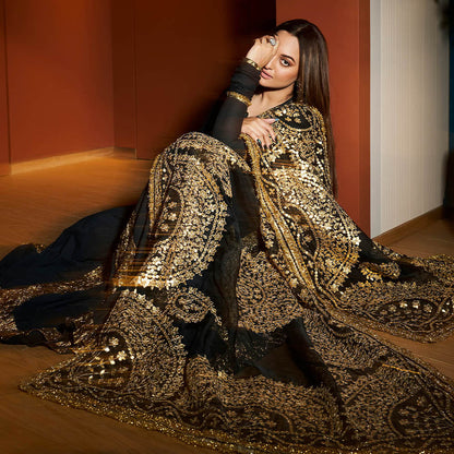 ITRH Black Faani Angrakha with Churidar and Dupatta (Set of 3)