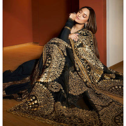 ITRH Black Faani Angrakha with Churidar and Dupatta (Set of 3)