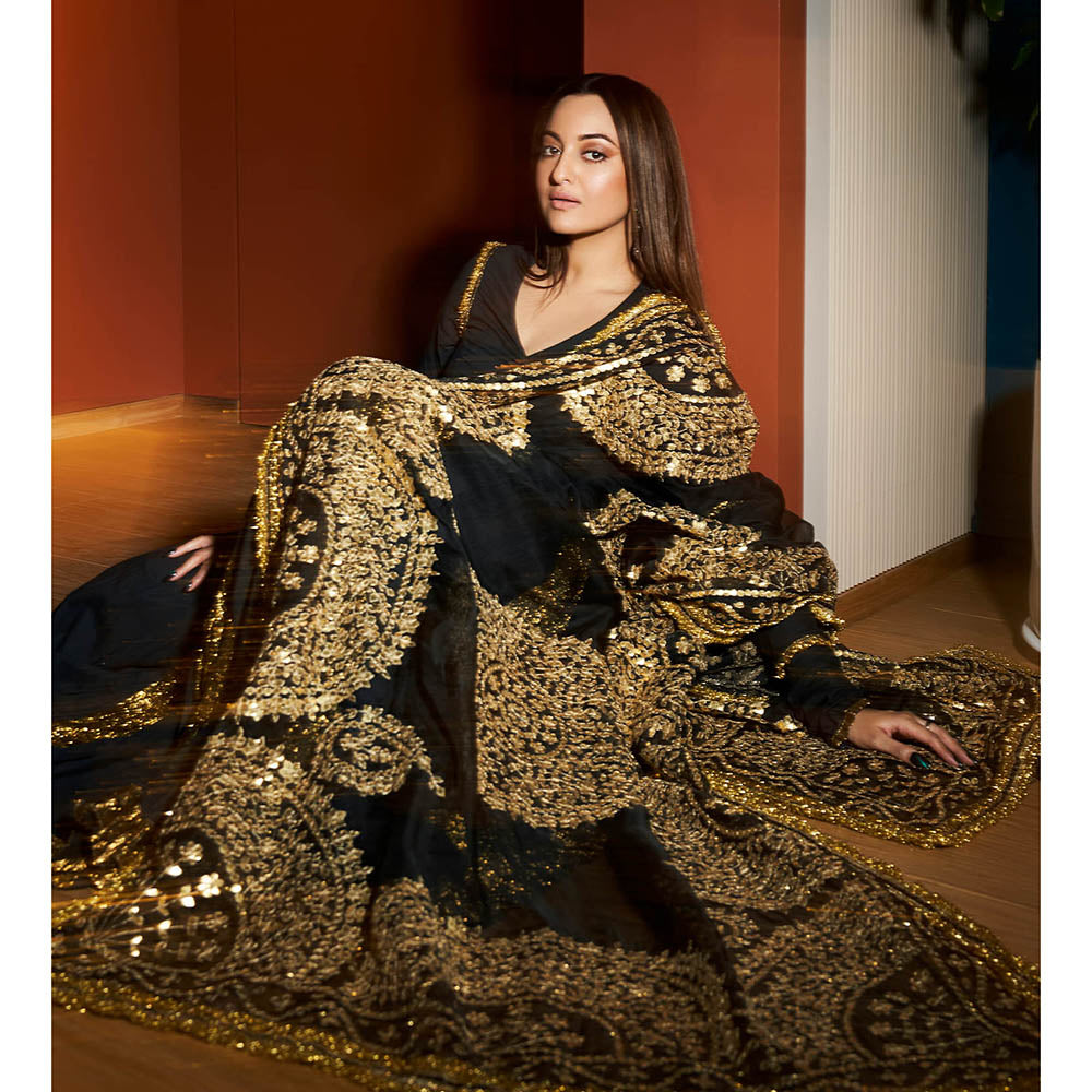 ITRH Black Faani Angrakha with Churidar and Dupatta (Set of 3)