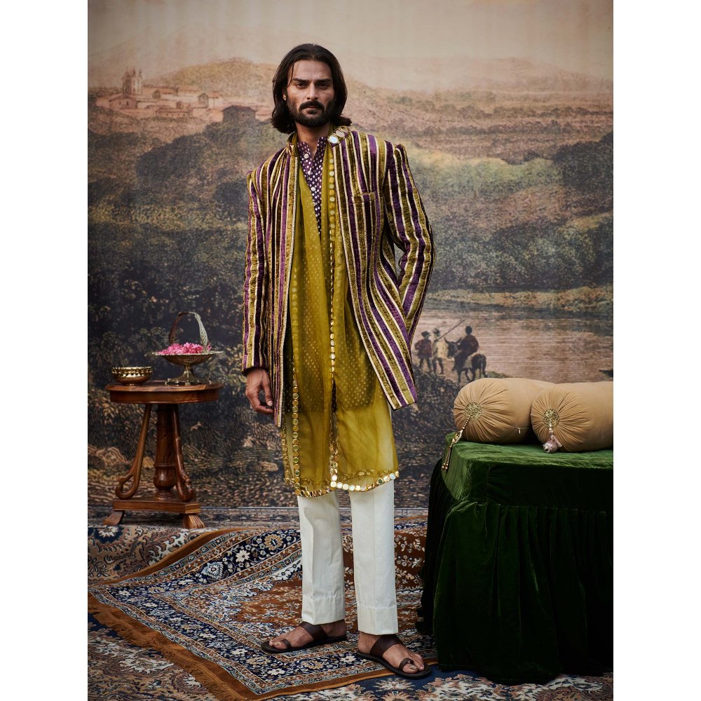 ITRH Varn-Harit Olive and Purple Makhmal Jacket Kurta and Pant with Stole (Set of 4)