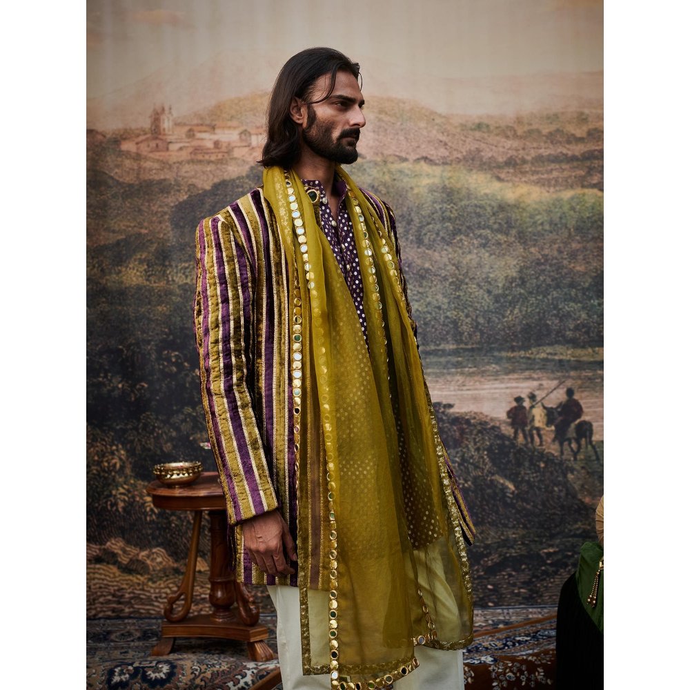 ITRH Varn-Harit Olive and Purple Makhmal Jacket Kurta and Pant with Stole (Set of 4)