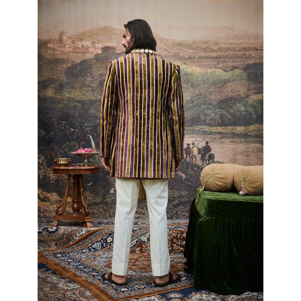 ITRH Varn-Harit Olive and Purple Makhmal Jacket Kurta and Pant with Stole (Set of 4)
