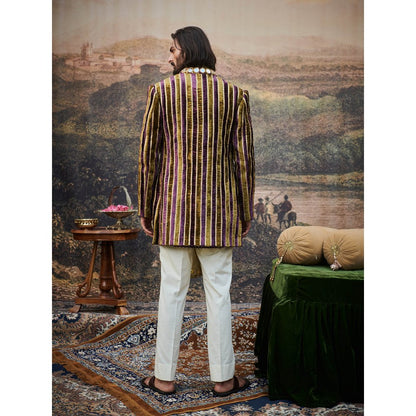 ITRH Varn-Harit Olive and Purple Makhmal Jacket Kurta and Pant with Stole (Set of 4)