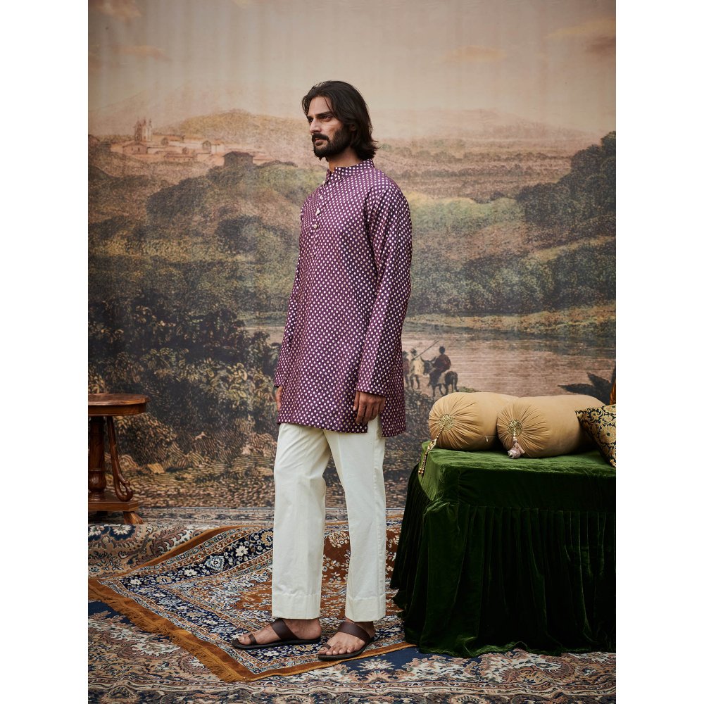 ITRH Varn-Harit Olive and Purple Makhmal Jacket Kurta and Pant with Stole (Set of 4)