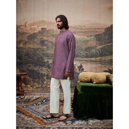 ITRH Varn-Harit Olive and Purple Makhmal Jacket Kurta and Pant with Stole (Set of 4)