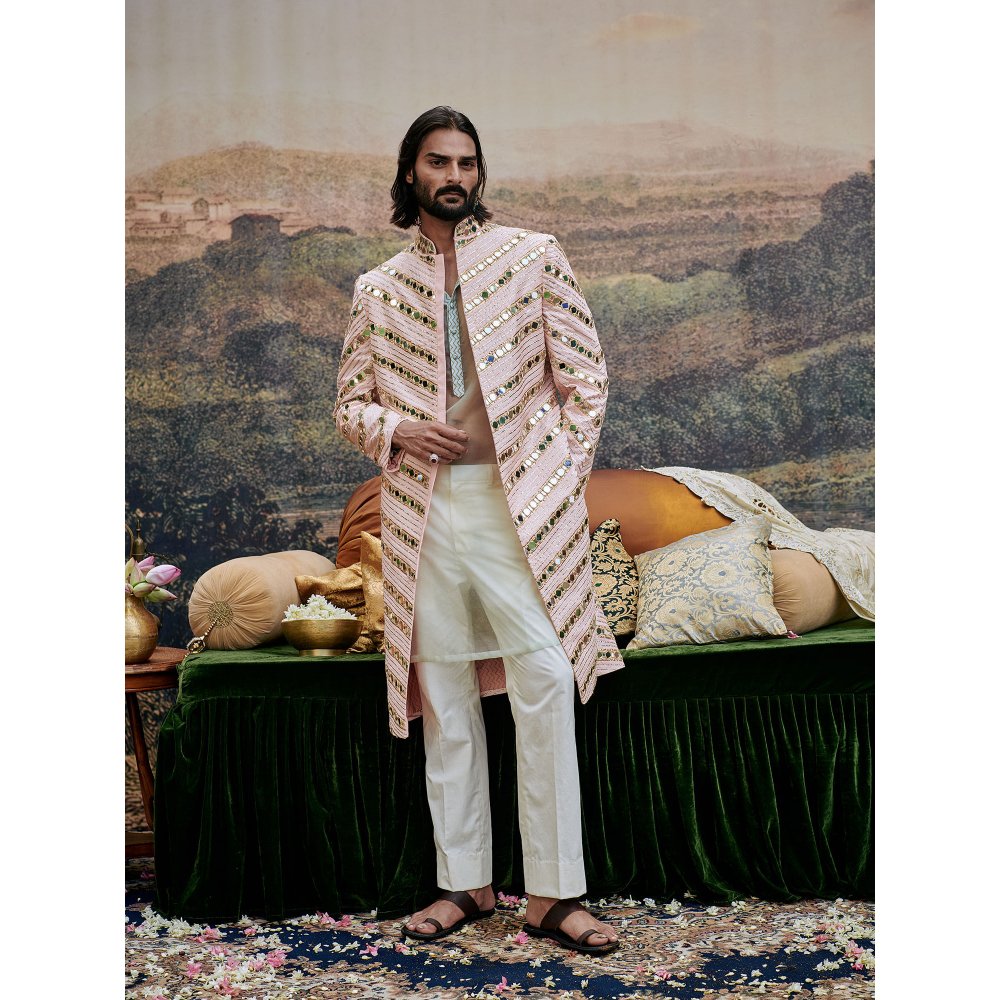 ITRH Pink Zehra Mirror Work Sherwani with Pant (Set of 2)