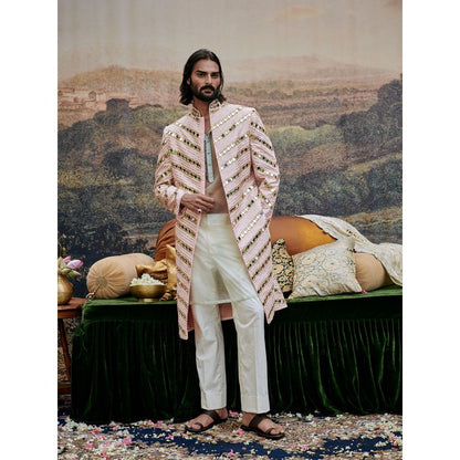 ITRH Pink Zehra Mirror Work Sherwani with Pant (Set of 2)