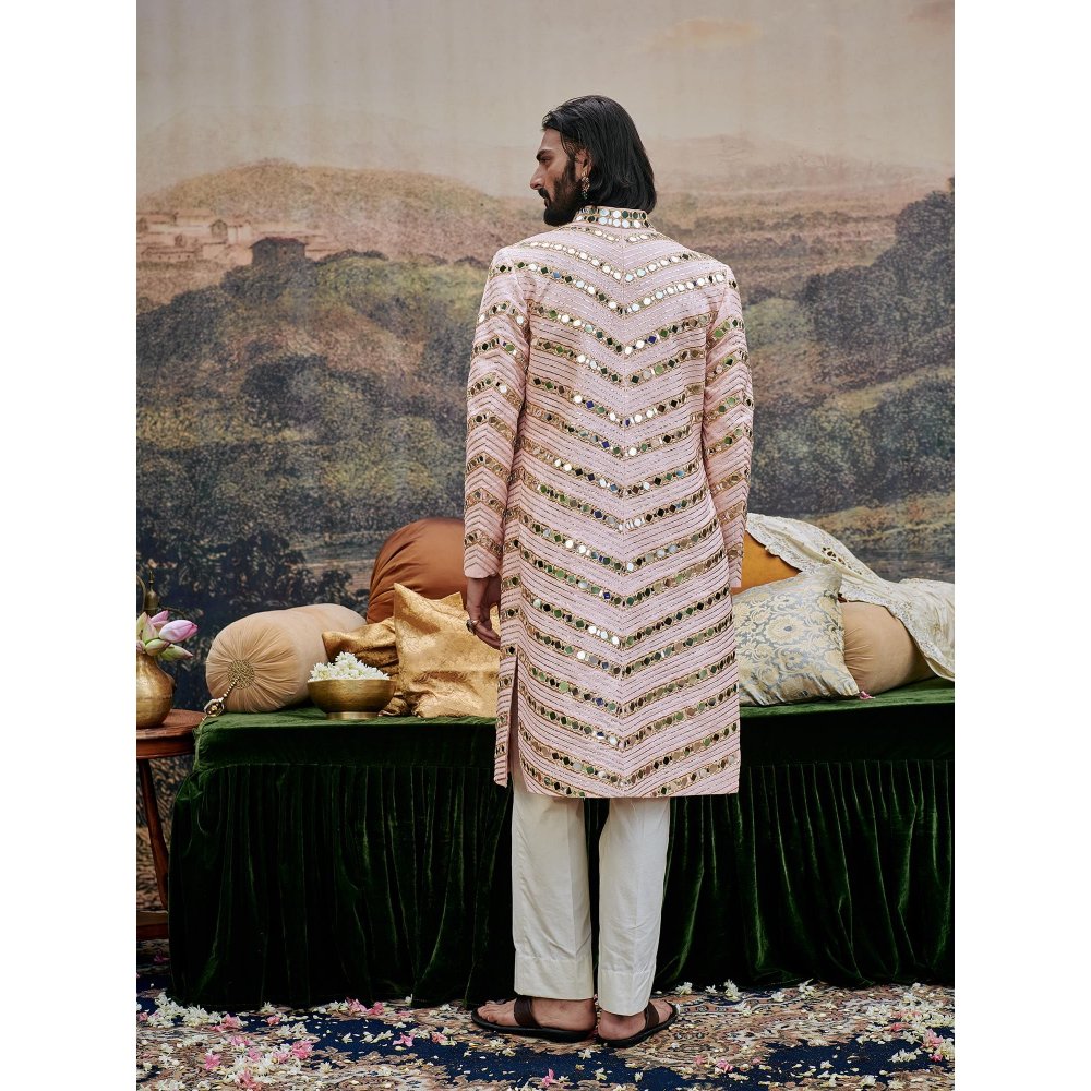 ITRH Pink Zehra Mirror Work Sherwani with Pant (Set of 2)