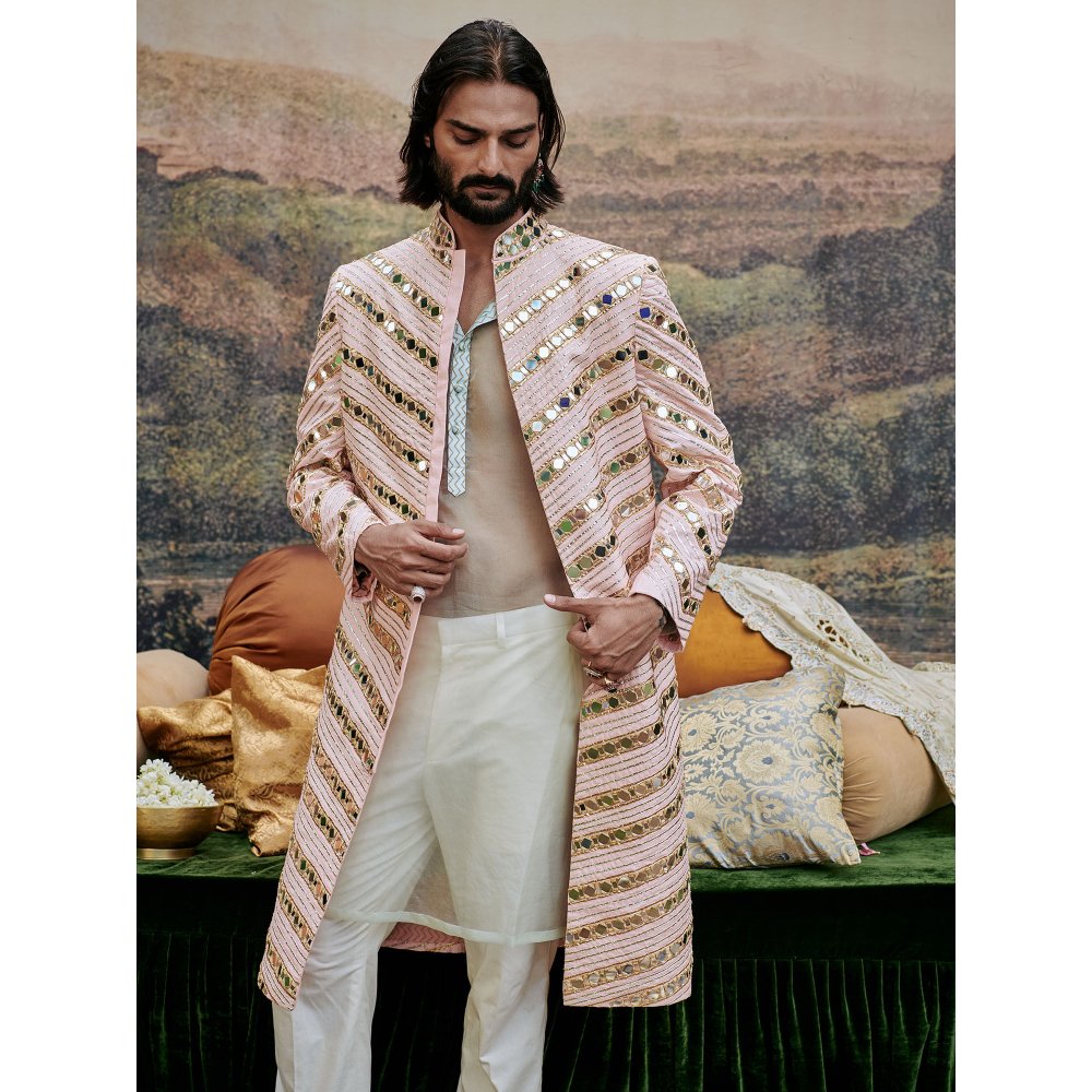 ITRH Pink Zehra Mirror Work Sherwani with Pant (Set of 2)