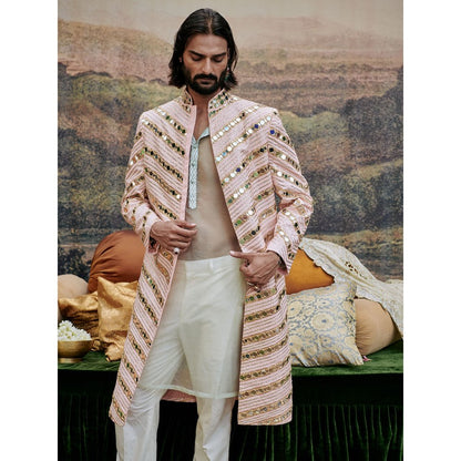 ITRH Pink Zehra Mirror Work Sherwani with Pant (Set of 2)