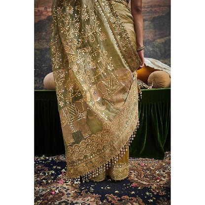 ITRH Green Gaja Rachna Saree with Stitched Blouse