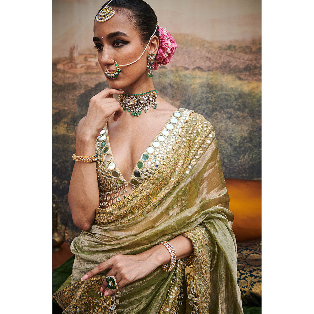 ITRH Green Gaja Rachna Saree with Stitched Blouse