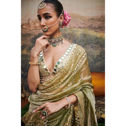 ITRH Green Gaja Rachna Saree with Stitched Blouse