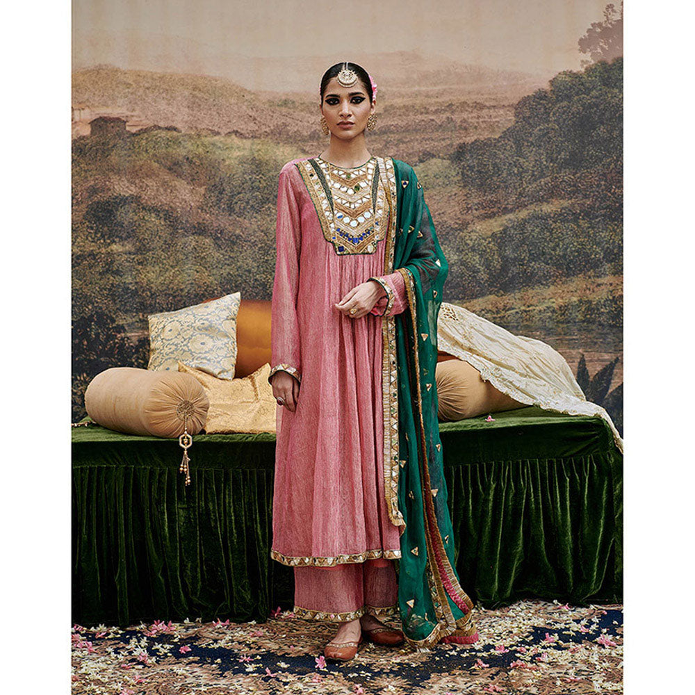 ITRH Padma Tabaan Pink Anarkali Kurta Palazzo with Dupatta and Inner (Set of 4)