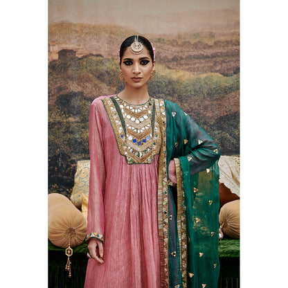 ITRH Padma Tabaan Pink Anarkali Kurta Palazzo with Dupatta and Inner (Set of 4)