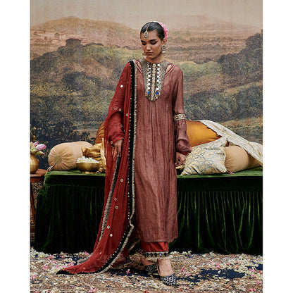 ITRH Rust Ishaq Arzoo Kurta Pant with Dupatta and Inner Slip (Set of 4)