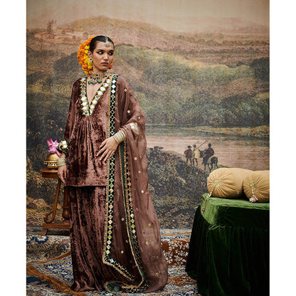 ITRH Brown Makhmal Khayal Kurti with Sharara and Dupatta (Set of 3)