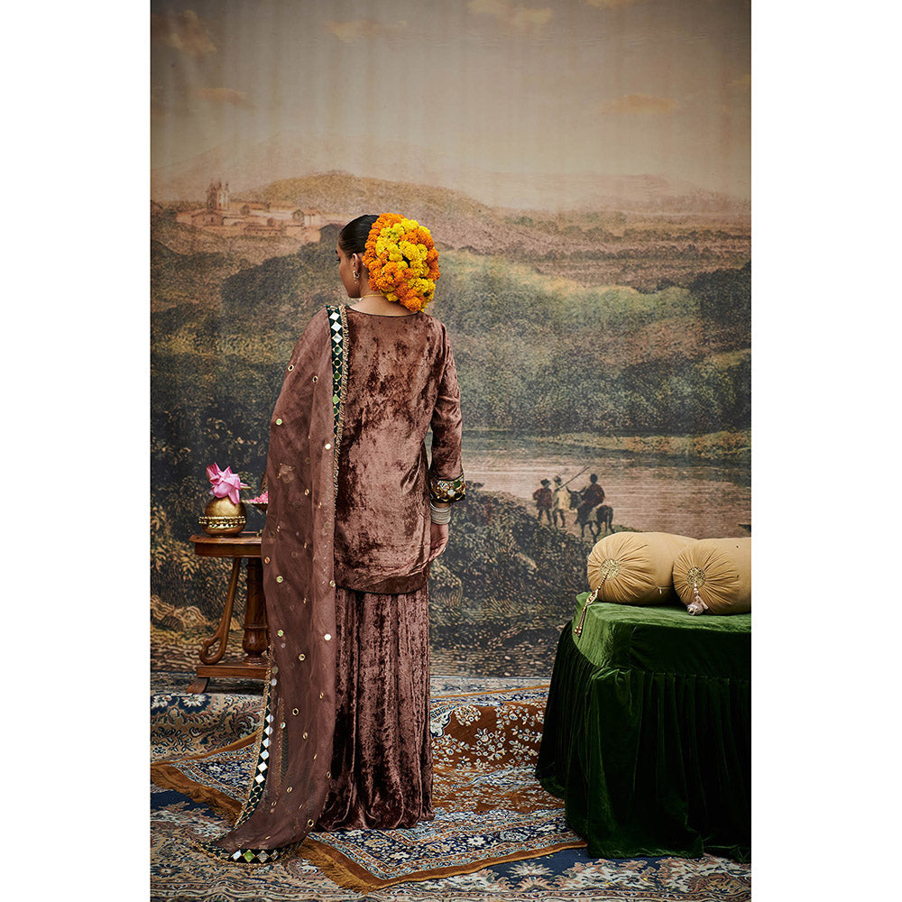 ITRH Brown Makhmal Khayal Kurti with Sharara and Dupatta (Set of 3)