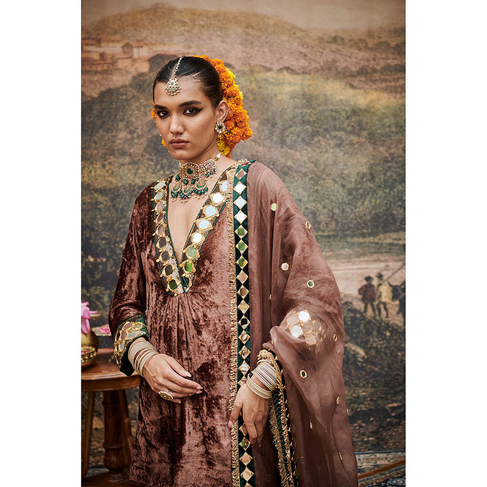 ITRH Brown Makhmal Khayal Kurti with Sharara and Dupatta (Set of 3)