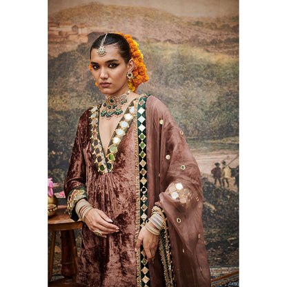 ITRH Brown Makhmal Khayal Kurti with Sharara and Dupatta (Set of 3)