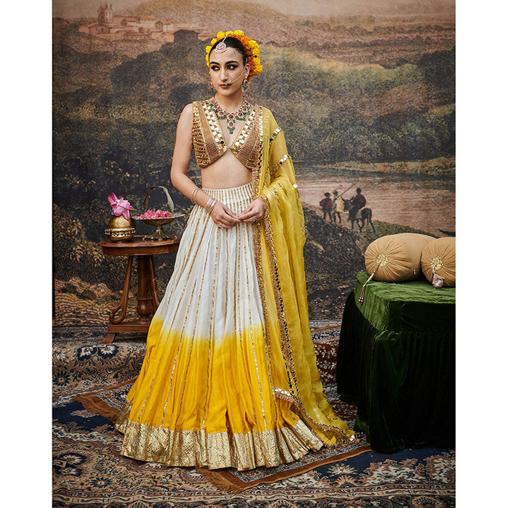 ITRH Yellow and White Surabhi Lehenga Blouse with Dupatta (Set of 3)