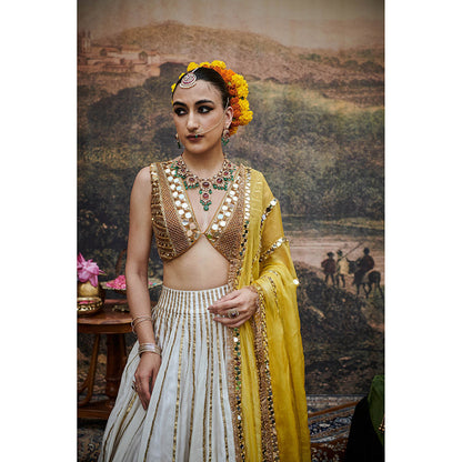 ITRH Yellow and White Surabhi Lehenga Blouse with Dupatta (Set of 3)