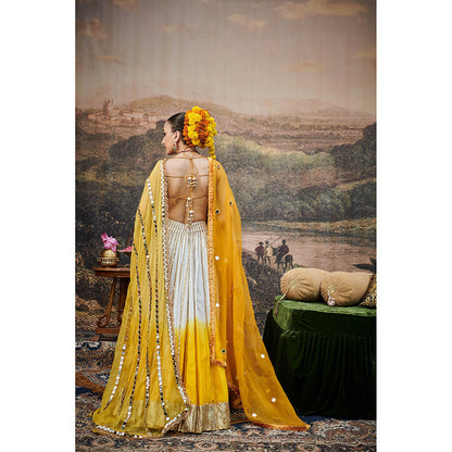 ITRH Yellow and White Surabhi Lehenga Blouse with Dupatta (Set of 3)