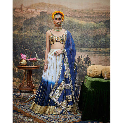 ITRH Blue and White Neel Ruba Lehenga Blouse and Dupatta (Set of 3)