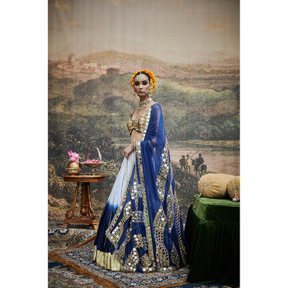 ITRH Blue and White Neel Ruba Lehenga Blouse and Dupatta (Set of 3)