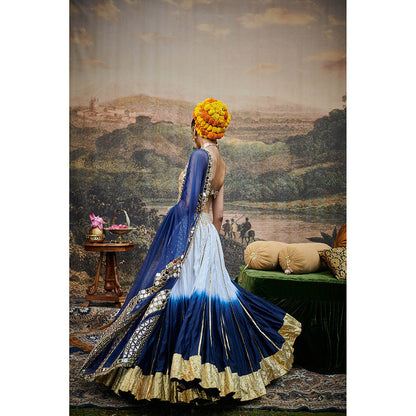 ITRH Blue and White Neel Ruba Lehenga Blouse and Dupatta (Set of 3)