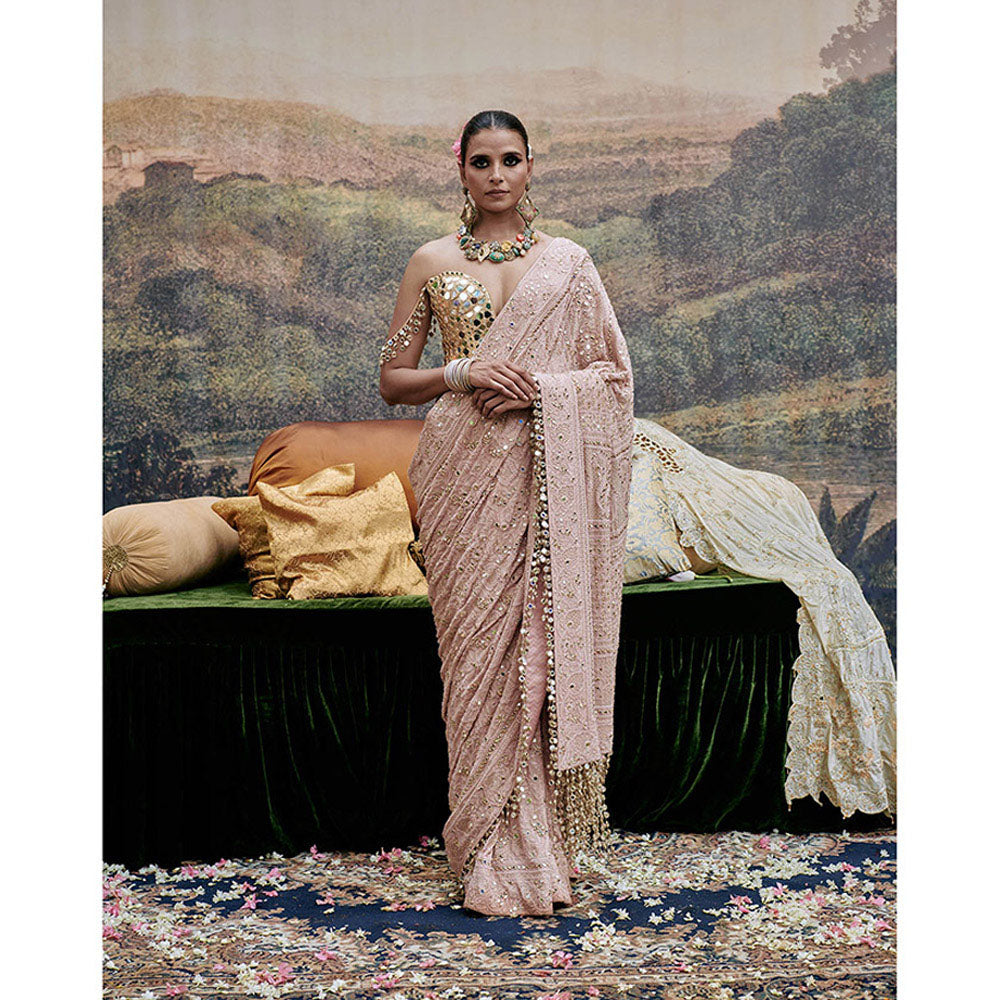 ITRH Pink Phool Saree with Stitched Blouse
